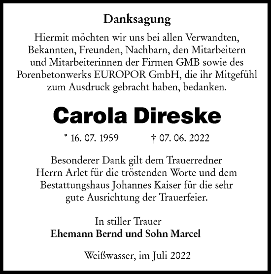 Traueranzeige von Carola Direske von lausitzer_rundschau