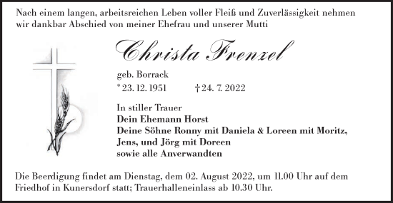 Traueranzeige von Christa Frenzel von lausitzer_rundschau