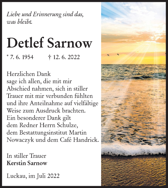 Traueranzeige von Detlef Sarnow von lausitzer_rundschau