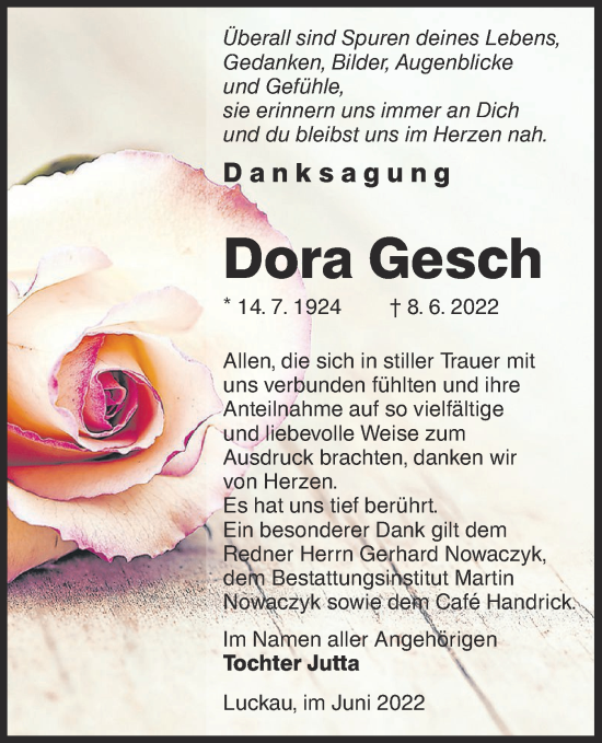Traueranzeige von Dora Gesch von lausitzer_rundschau