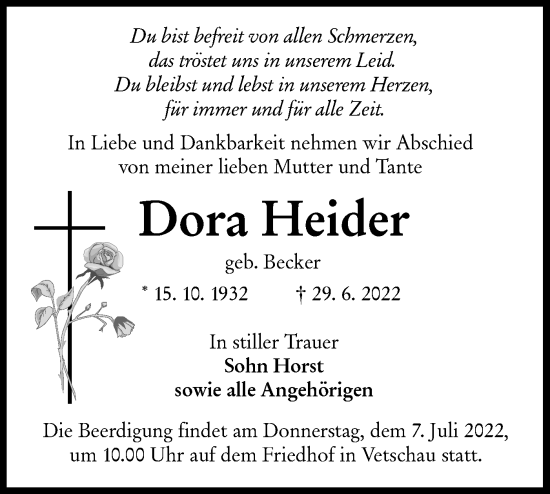 Traueranzeige von Dora Heider von lausitzer_rundschau