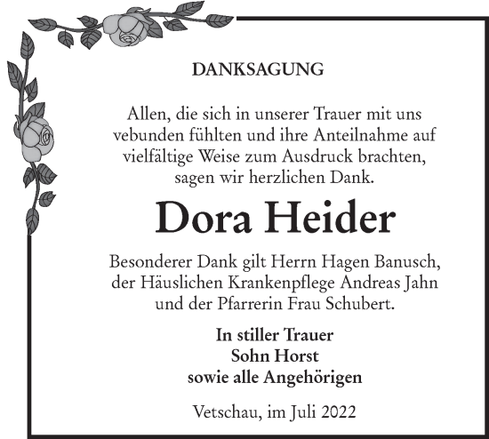 Traueranzeige von Dora Heider von lausitzer_rundschau
