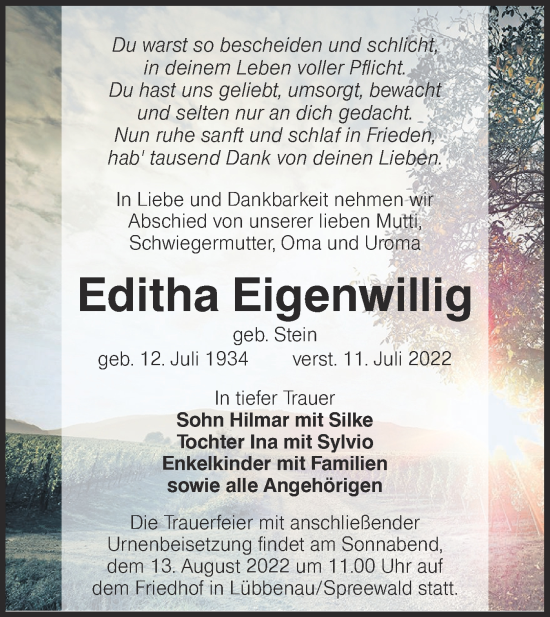 Traueranzeige von Editha Eigenwillig von lausitzer_rundschau