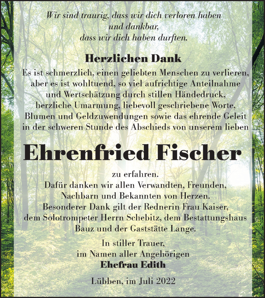  Traueranzeige für Ehrenfried Fischer vom 23.07.2022 aus lausitzer_rundschau