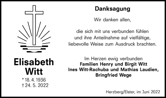 Traueranzeige von Elisabeth Witt von lausitzer_rundschau