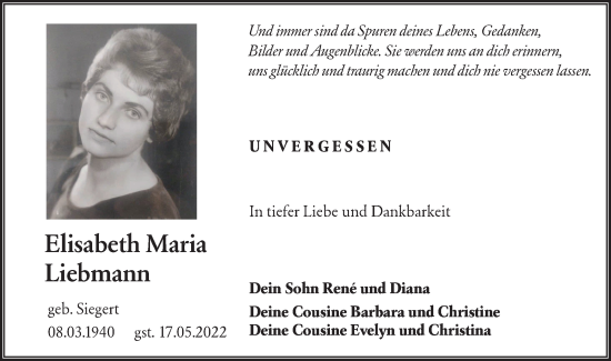 Traueranzeige von Elisabeth Maria Liebmann von lausitzer_rundschau