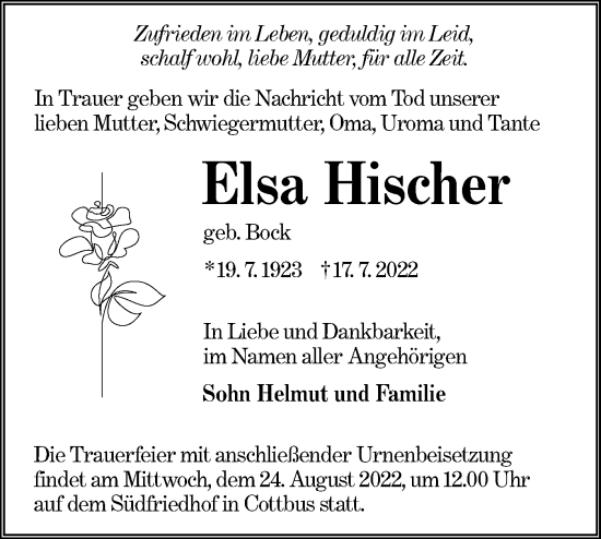 Traueranzeige von Elsa Hischer von lausitzer_rundschau