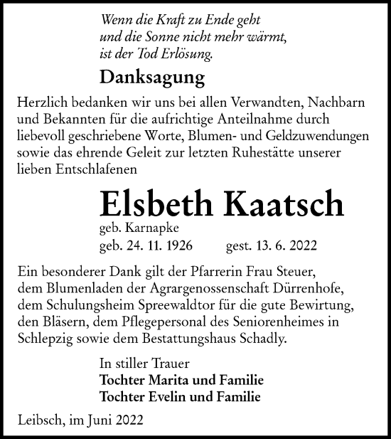 Traueranzeige von Elsbeth Kaatsch von lausitzer_rundschau