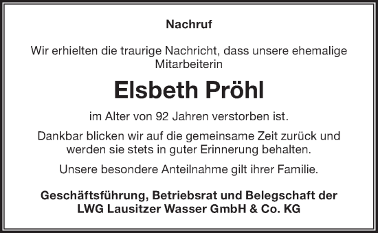 Traueranzeige von Elsbeth Pröhl von lausitzer_rundschau