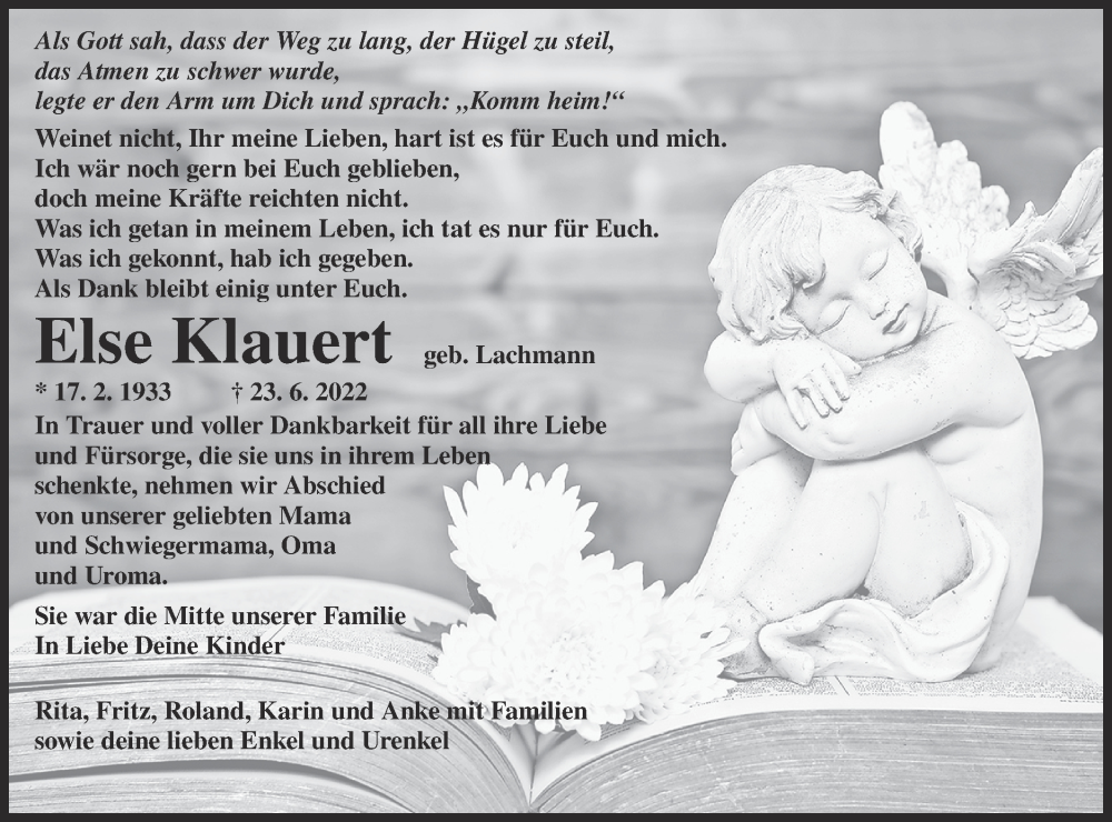  Traueranzeige für Else Klauert vom 02.07.2022 aus lausitzer_rundschau