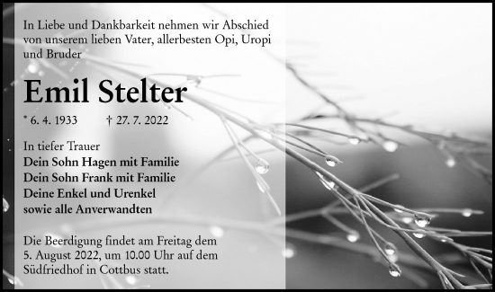 Traueranzeige von Emil Stelter von lausitzer_rundschau