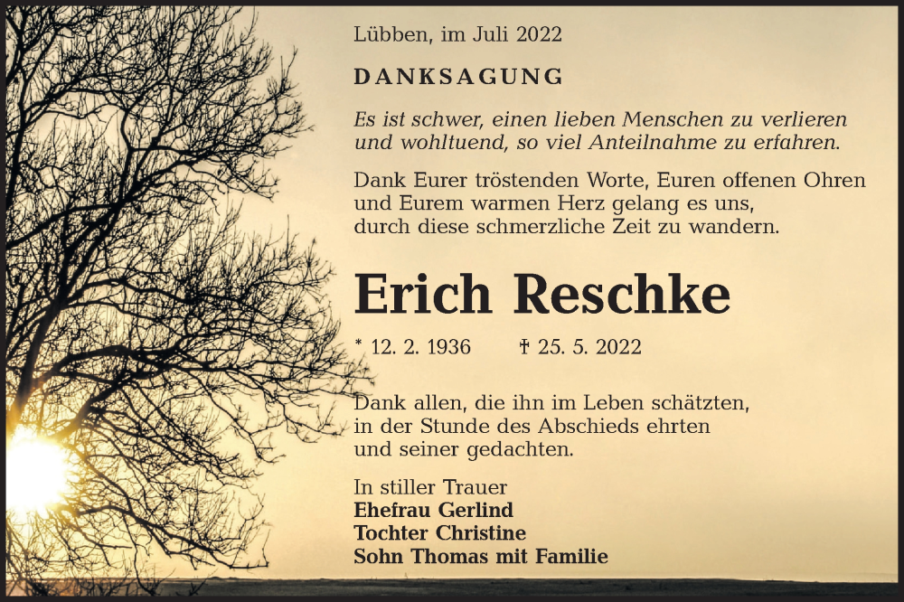  Traueranzeige für Erich Reschke vom 16.07.2022 aus lausitzer_rundschau