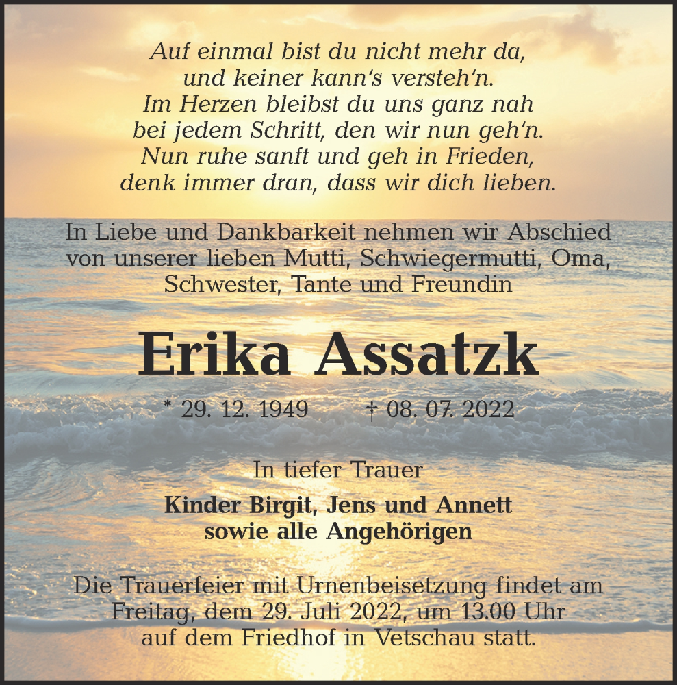  Traueranzeige für Erika Assatzk vom 16.07.2022 aus lausitzer_rundschau