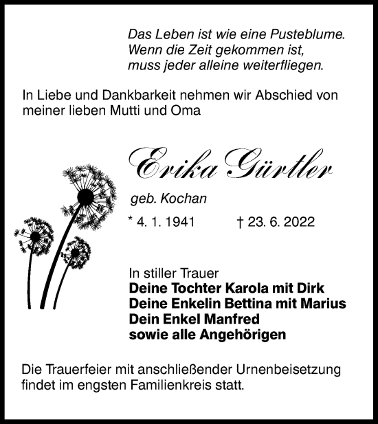 Traueranzeige von Erika Gürtler von lausitzer_rundschau