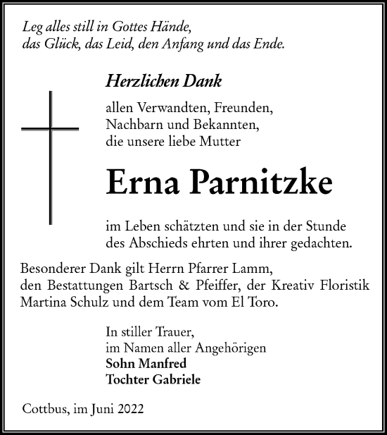 Traueranzeige von Erna Parnitzke von lausitzer_rundschau