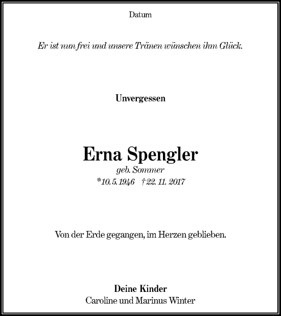 Traueranzeige von Erna Spengler von lausitzer_rundschau