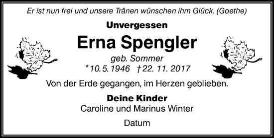 Traueranzeige von Erna Spengler von lausitzer_rundschau