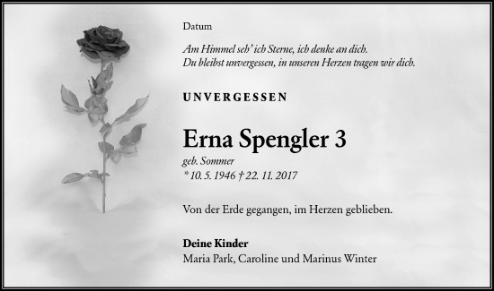 Traueranzeige von Erna Spengler von lausitzer_rundschau