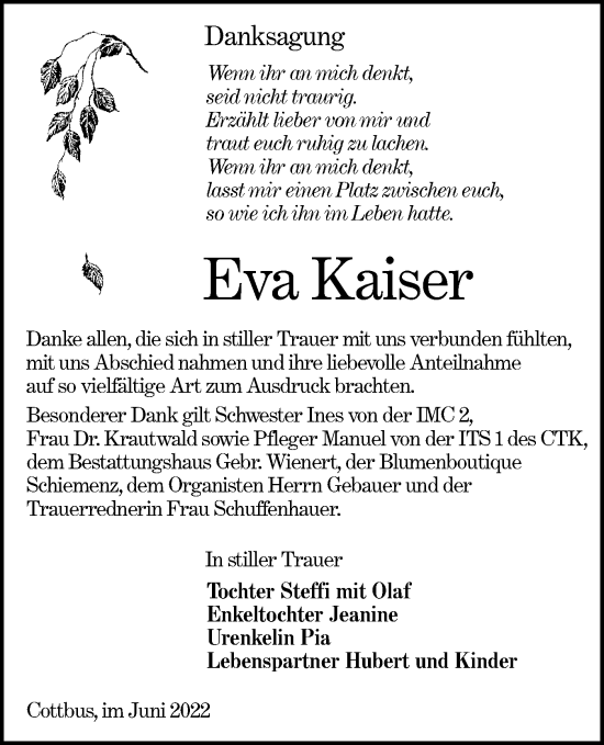 Traueranzeige von Eva Kaiser von lausitzer_rundschau