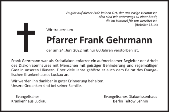 Traueranzeige von Frank Gehrmann von lausitzer_rundschau