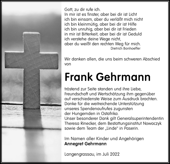 Traueranzeige von Frank Gehrmann von lausitzer_rundschau