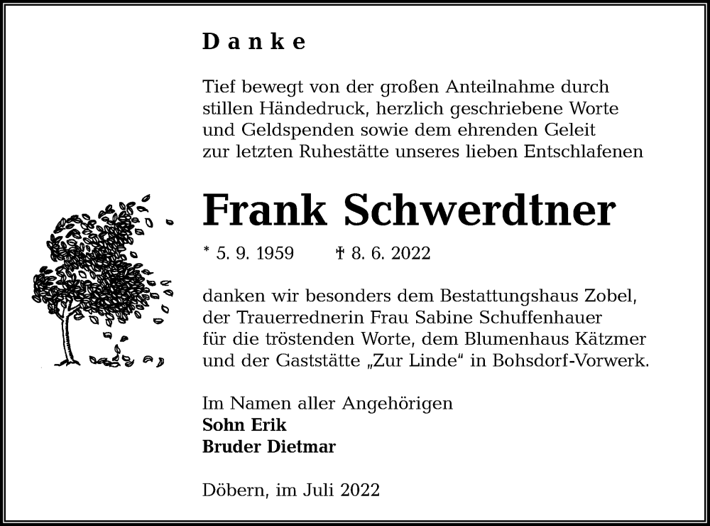  Traueranzeige für Frank Schwerdtner vom 16.07.2022 aus lausitzer_rundschau