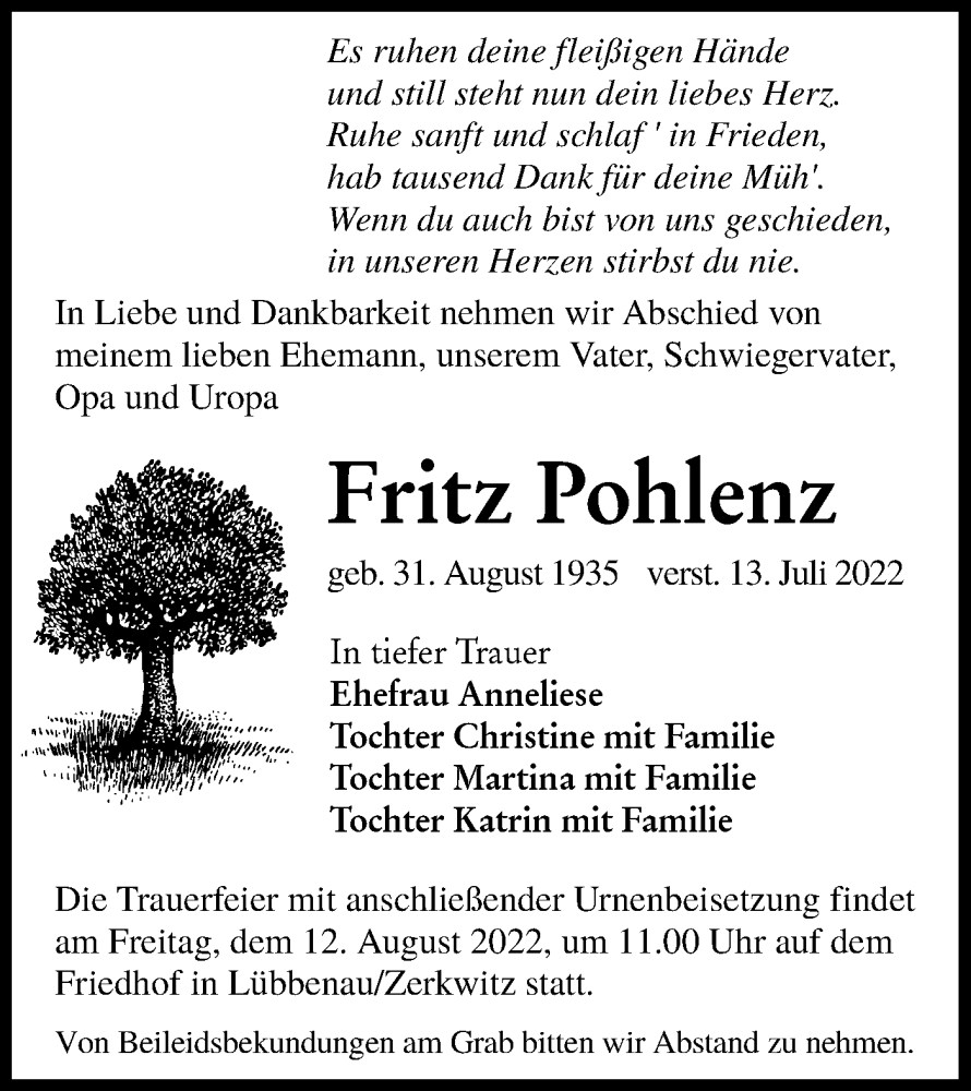  Traueranzeige für Fritz Pohlenz vom 30.07.2022 aus lausitzer_rundschau