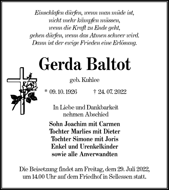 Traueranzeige von Gerda Baltot von lausitzer_rundschau