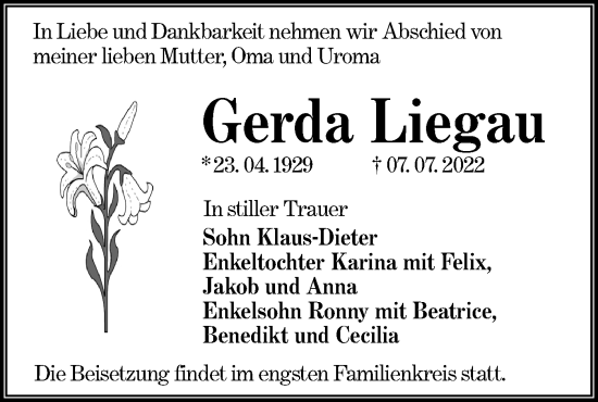 Traueranzeige von Gerda Liegau von lausitzer_rundschau