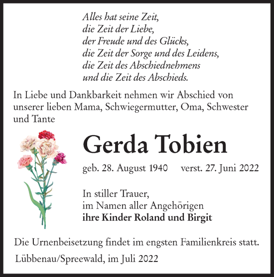 Traueranzeige von Gerda Tobien von lausitzer_rundschau