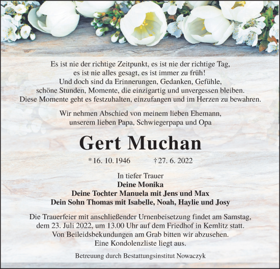 Traueranzeige von Gert Muchan von lausitzer_rundschau