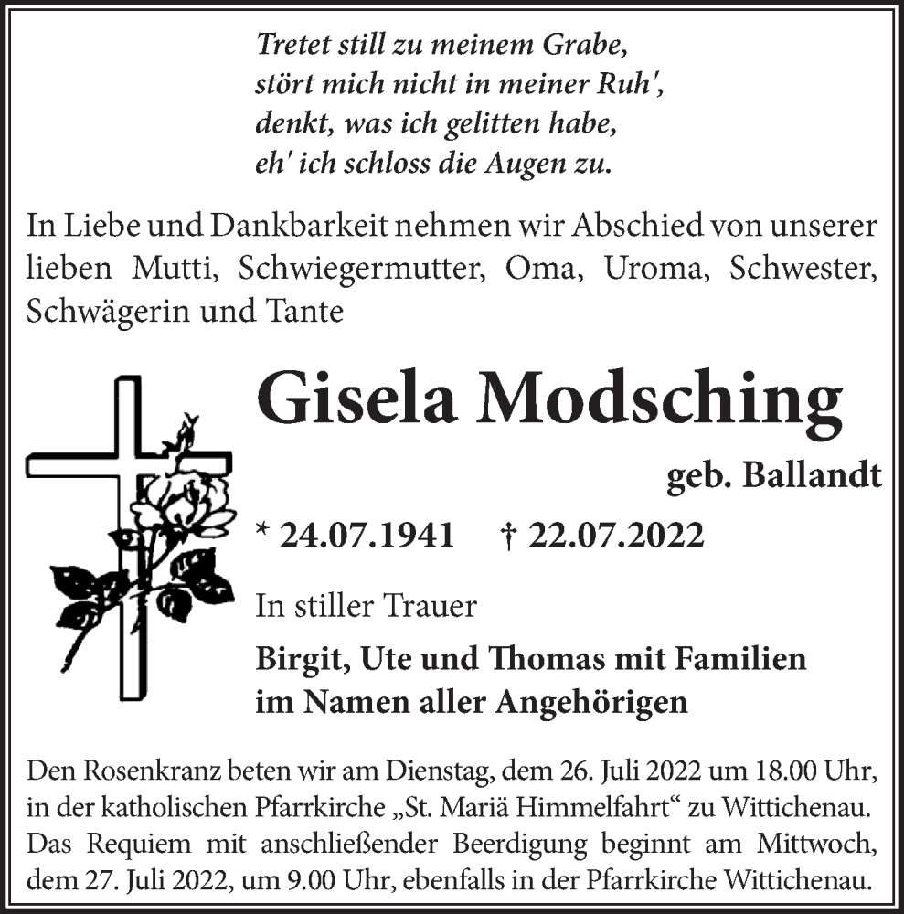  Traueranzeige für Gisela Modsching vom 25.07.2022 aus lausitzer_rundschau