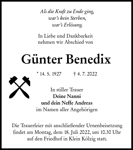 Traueranzeige von Günter Benedix von lausitzer_rundschau