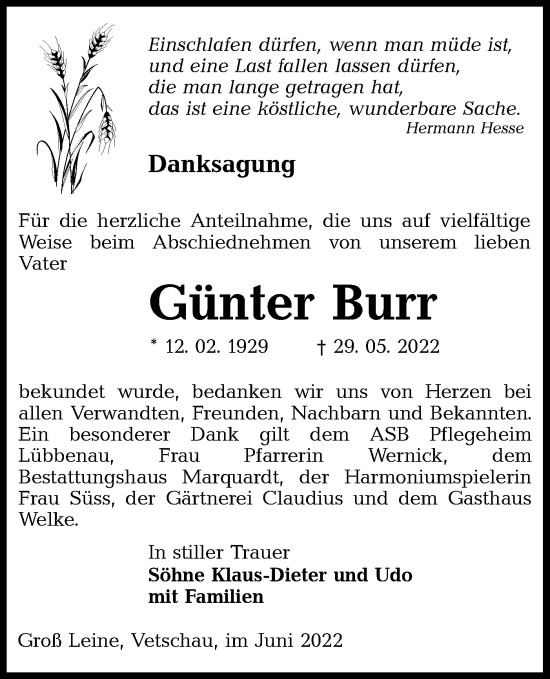 Traueranzeige von Günter Burr von lausitzer_rundschau