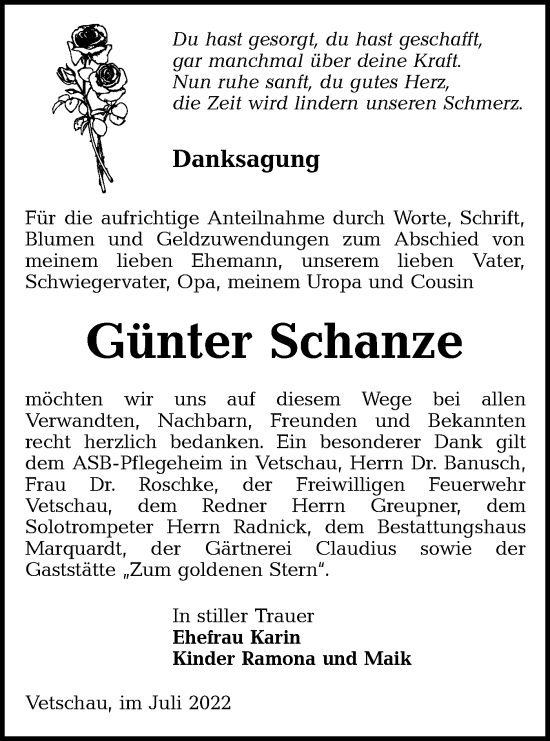 Traueranzeige von Günter Schanze von lausitzer_rundschau