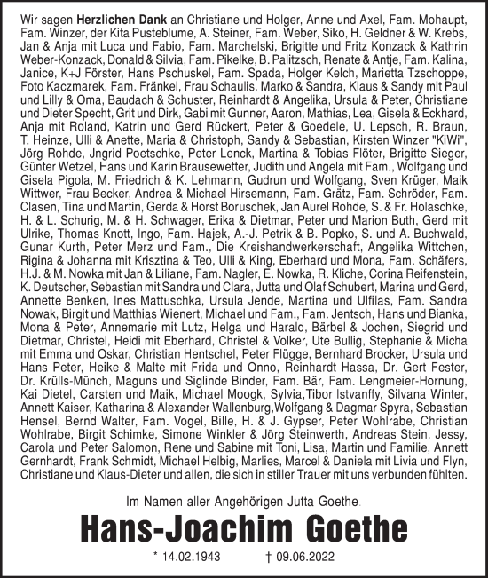 Traueranzeige von Hans-Joachim Goethe von lausitzer_rundschau
