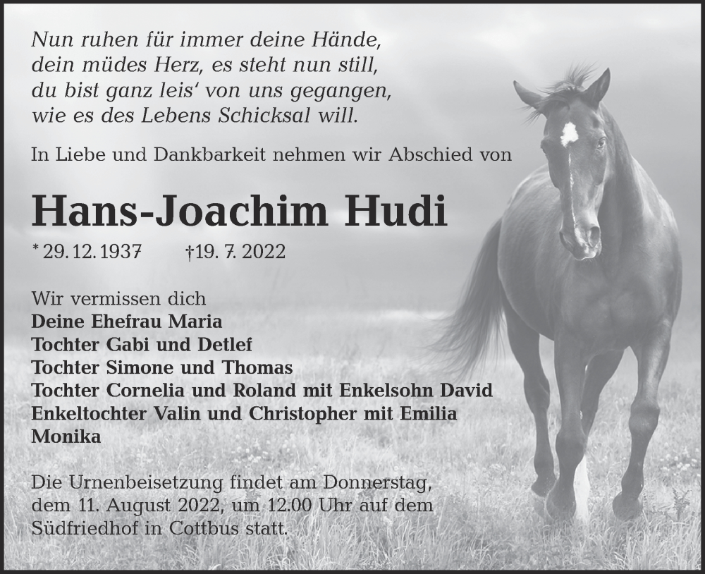  Traueranzeige für Hans-Joachim Hudi vom 30.07.2022 aus lausitzer_rundschau
