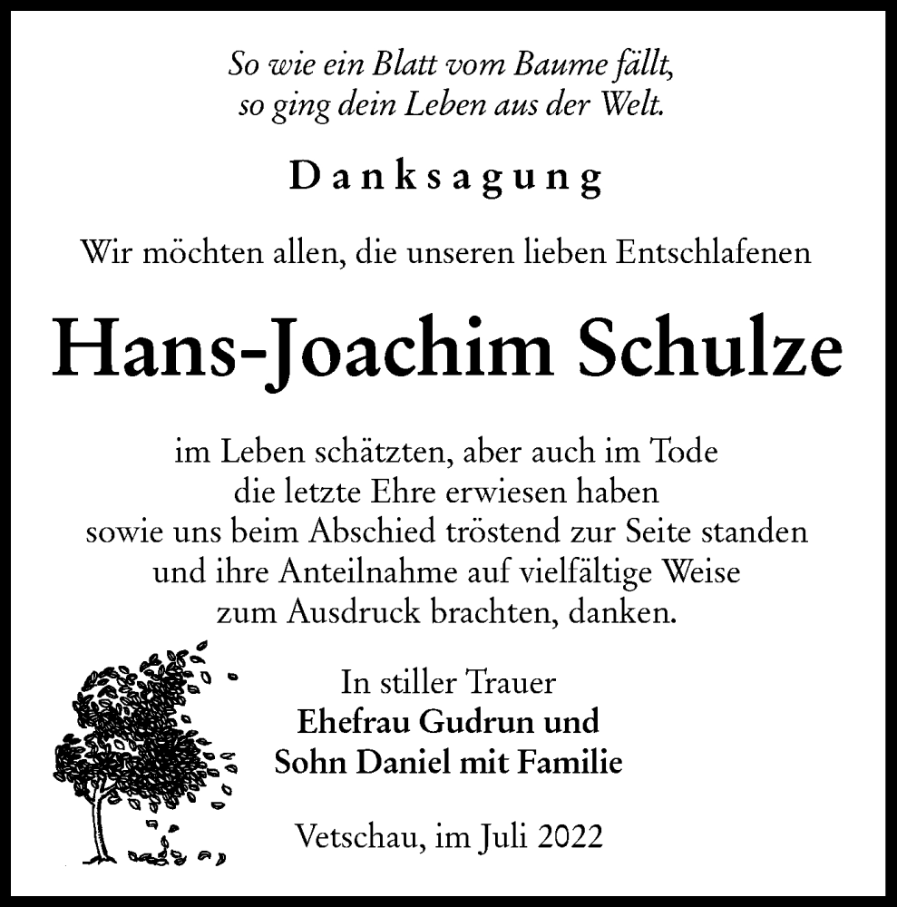  Traueranzeige für Hans-Joachim Schulze vom 16.07.2022 aus lausitzer_rundschau