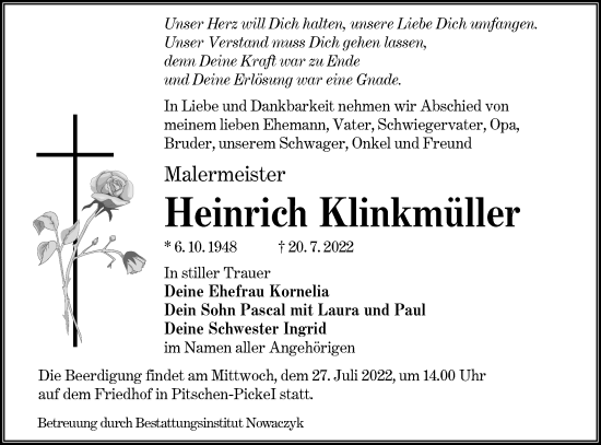 Traueranzeige von Heinrich Klinkmüller von lausitzer_rundschau