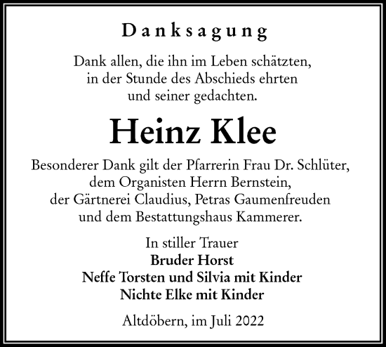 Traueranzeige von Heinz Klee von lausitzer_rundschau