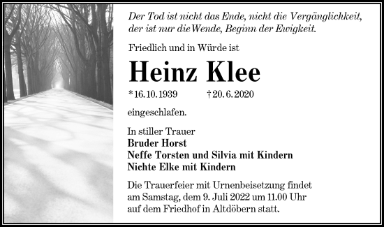 Traueranzeige von Heinz Klee von lausitzer_rundschau