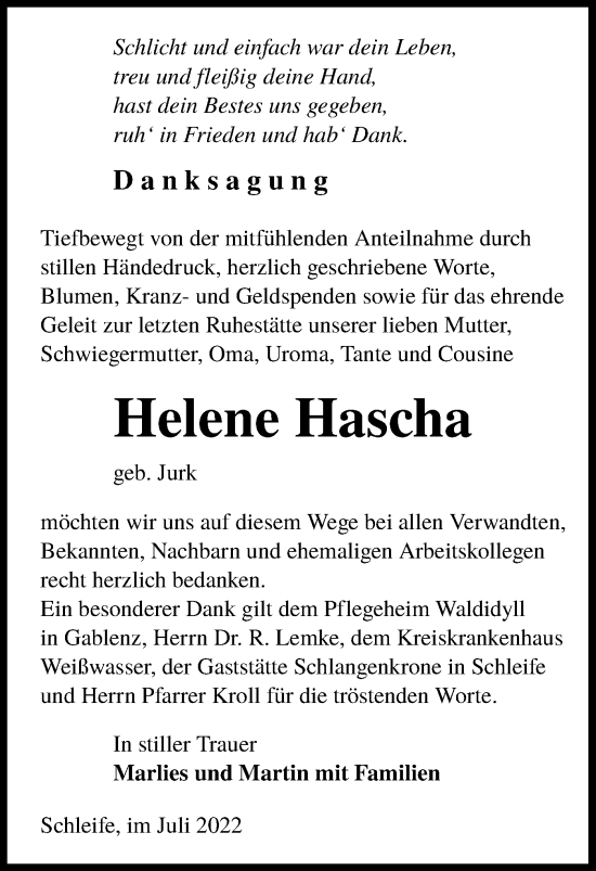 Traueranzeige von Helene Hascha von lausitzer_rundschau