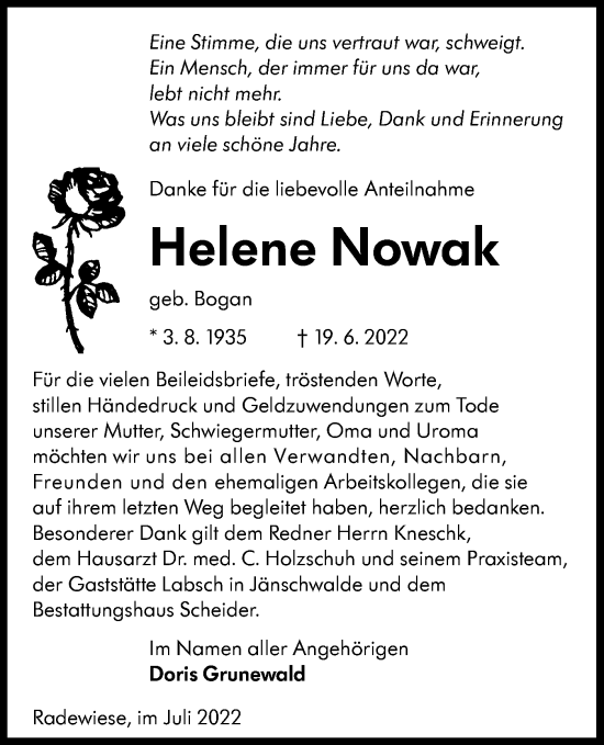 Traueranzeige von Helene Nowak von lausitzer_rundschau