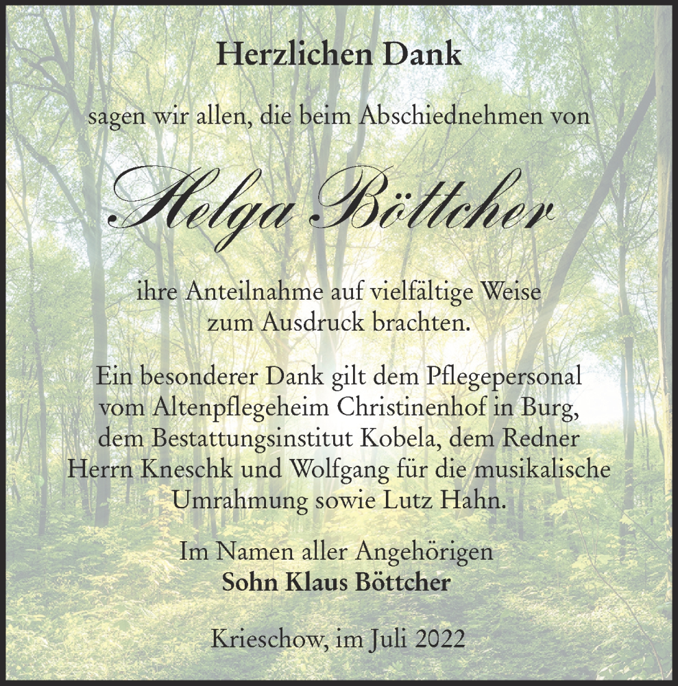  Traueranzeige für Helga Böttcher vom 02.07.2022 aus lausitzer_rundschau