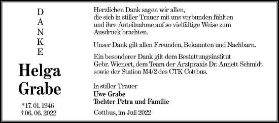 Traueranzeige von Helga  Grabe von lausitzer_rundschau