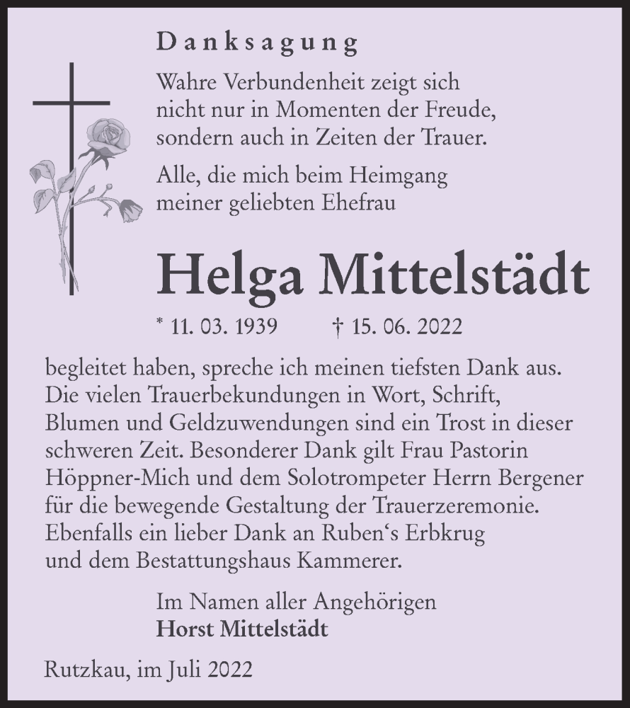  Traueranzeige für Helga Mittelstädt vom 23.07.2022 aus lausitzer_rundschau