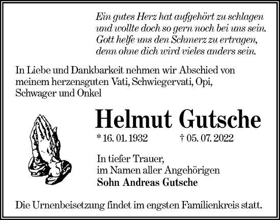 Traueranzeige von Helmut Gutsche von lausitzer_rundschau