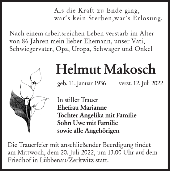 Traueranzeige von Helmut Makosch von lausitzer_rundschau
