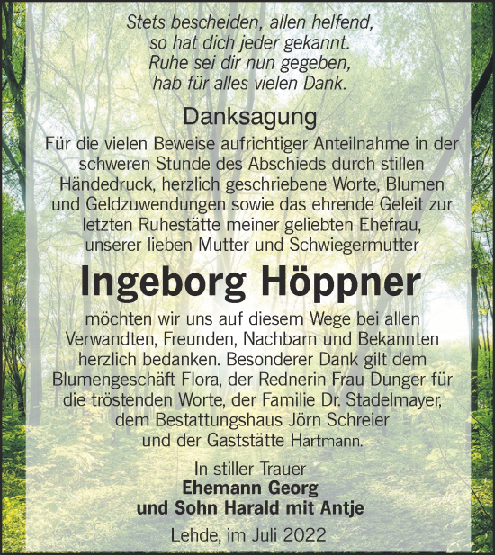 Traueranzeige von Ingeborg Höppner von lausitzer_rundschau