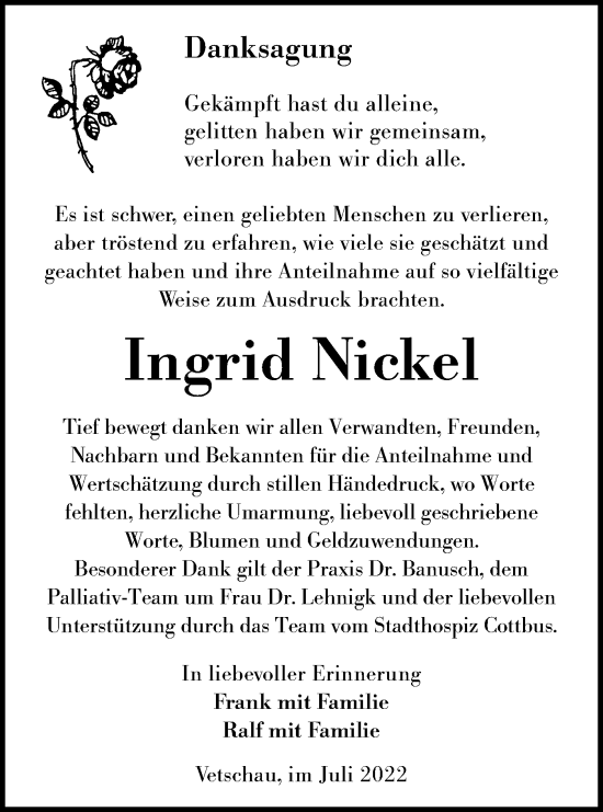 Traueranzeige von Ingrid Nickel von lausitzer_rundschau